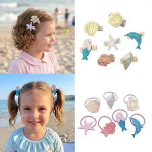 Adorable ocean themed glitter PU leather hair clips and hair ties set for little girls