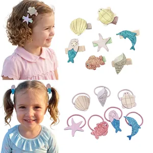Kids Girls Ocean Theme Hair Clips And Hair Ties Set Cute Mermaid Shell Starfish Glitter PU Leather Hair Accessories