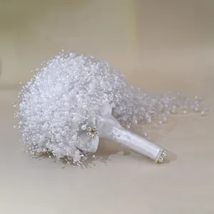 Handmade white pearl wedding bouquet with gypsophila style and satin handle