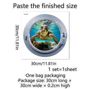 Detailed dimensions and packaging of sea turtle porthole wall sticker