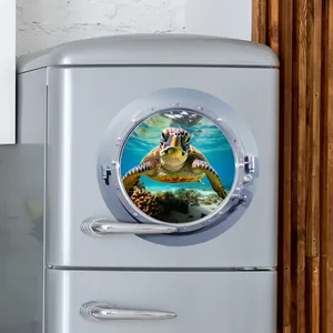 Decorative 3D sea turtle porthole wall sticker for refrigerator and bathroom decor