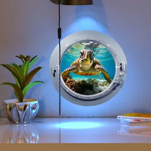Realistic sea turtle underwater scene porthole wall sticker for bathroom room decor