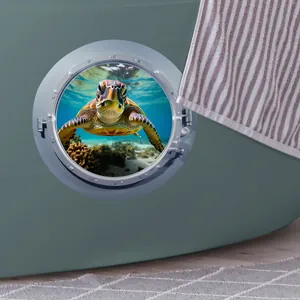 Realistic 3D submarine porthole wall sticker featuring sea turtle for bathroom decor