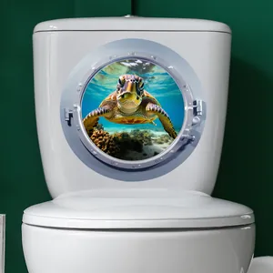 Realistic 3D sea turtle porthole toilet sticker for creative bathroom wall decoration