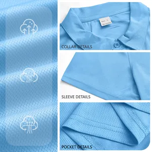 Nahaufnahme von atmungsaktivem blauem Mesh-Gewebe und Kragendetails eines Herren-Poloshirts.