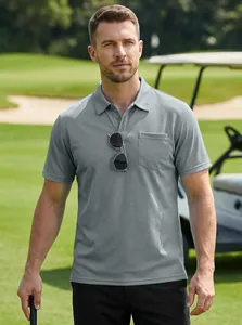 Graues atmungsaktives Mesh-Poloshirt für Herren mit Brusttasche im lässigen Golf-Stil