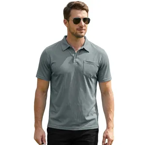 Graues atmungsaktives Mesh-Poloshirt für Herren mit Brusttasche und klassischem Kragen
