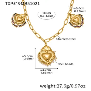 Dimensions détaillées du collier avec pendentif cœur couronne en acier et perles de coquillage