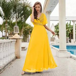 Elegant V-neck yellow chiffon evening dress with sequin detailing and flutter sleeves.