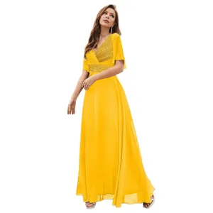 Elegant bright yellow V-neck evening gown with sequin detailing and flowy chiffon skirt