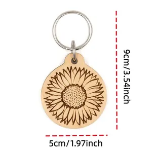Macro view of sunflower engraved walnut wood keychain with 9cm and 5cm dimensions