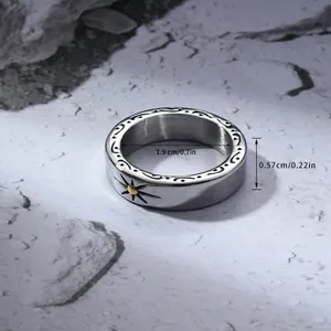 Vintage titanium steel ring for men featuring a gold sunflower detail and engraved patterns