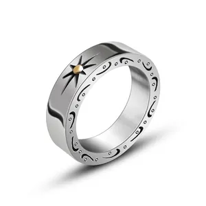 Vintage titanium steel ring for men with sunburst design and silver finish style