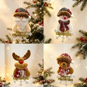 Set of four plush Christmas ornaments featuring Santa, Snowman, Reindeer, and Bear