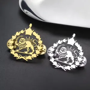Detailed view of gold and silver stainless steel Persian Lion and Sun lapel pin brooches
