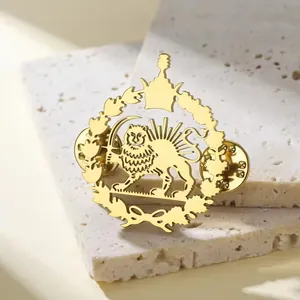 Golden stainless steel Lion and Sun motif brooch for suits with intricate details
