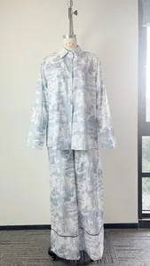 Elegant blue and white toile landscape print shirt and wide-leg pants two-piece set