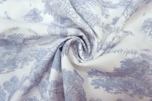 Macro view of the elegant blue Toile de Jouy printed fabric for women's casual set
