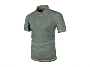 Men's sage green mesh short sleeve polo shirt with contrast trim and textured fabric