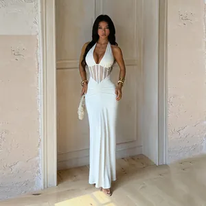 Halter Neck Maxi Dress Sexy Backless Ruched Pleated Sheer Corset Waist Boning Elegant Evening Party Gown For Women