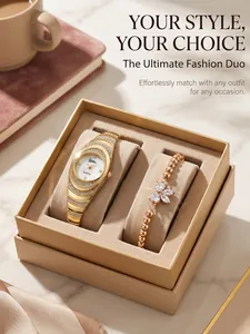 Luxury gold quartz watch and beaded flower bracelet gift set with sparkling rhinestone detail