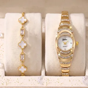 Elegant gold watch and clover bracelet set with sparkling rhinestones for women