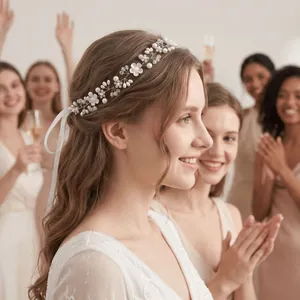 Primo piano squisito di una fascia da sposa con fiori bianchi e perle indossata dalla sposa