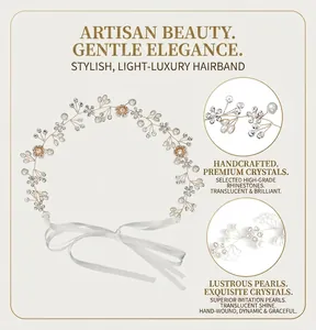 Elegante fascia per capelli da sposa con perle e cristalli, nastro bianco.