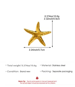 Detailed size and weight guide for a polished gold stainless steel starfish brooch