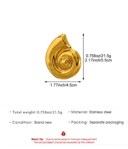 Detailed view of gold shell brooch with dimensions and stainless steel material info