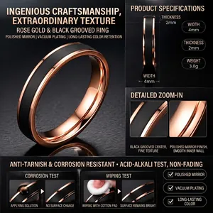 Minimalist rose gold and black stainless steel ring with 4mm width and matte center