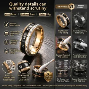 Titanium stalen ring met Romeinse cijfers, kristallen inleg en zwart emaille