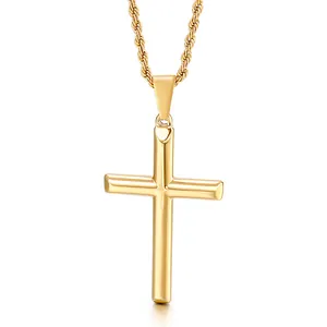 Pendentif croix en or poli minimaliste pour hommes avec collier chaîne en corde