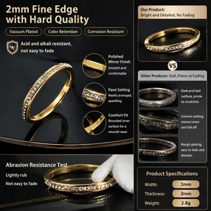 Minimalist 2mm stainless steel ring for women featuring elegant crystal inlay and gold finish