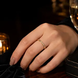 Elegant 2mm gold stainless steel ring with micro-pave clay diamonds for women's daily wear