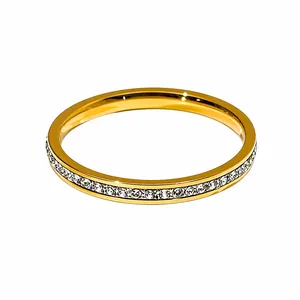 Elegant 2mm gold plated stainless steel eternity ring with shimmering white crystals for women