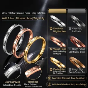 Detailweergave van 2,5 mm titanium stalen ringen met tekstgravure en gepolijste afwerking