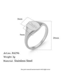 Detailed view of lavender engraved stainless steel signet ring with dimensions