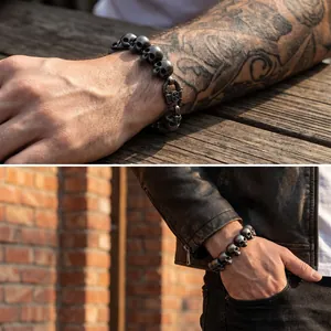 Close-up and lifestyle view of a men's vintage skull bracelet in stainless steel