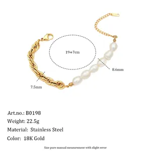 Detailed specifications of freshwater pearl and twisted chain bracelet in 18K gold