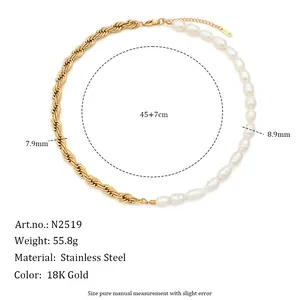 Detail view of pearl and gold chain necklace with size and material specs.