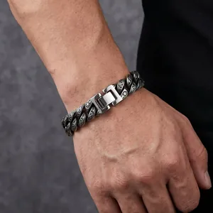 Retro 13mm engraved Arabesque pattern Cuban chain titanium steel bracelet for men