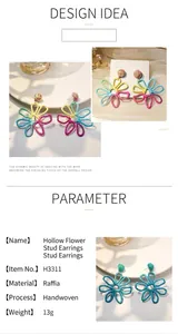 Detail view of colorful handwoven raffia flower earrings with product parameters