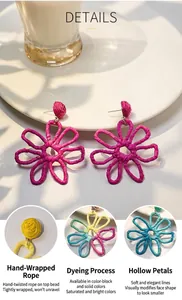 Handmade woven Raffia flower earrings detailing texture and vibrant color options