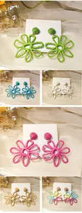 Hand-woven raffia hollow flower earrings in various colors for summer vacation