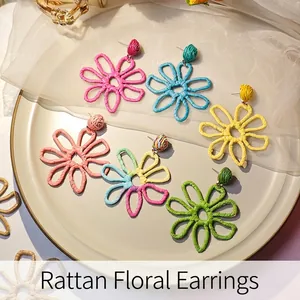 Flower Drop Earrings Hand-Woven Raffia Hollow Petal Bohemian Summer Vacation Style Jewelry For Women