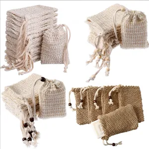 Set of natural sisal and jute exfoliating soap pouches with wooden bead drawstrings