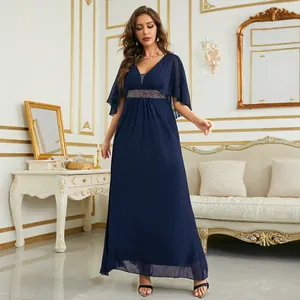 Elegant floor-length navy blue V-neck evening gown with butterfly sleeves and sequins.