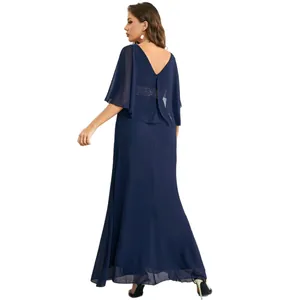 Elegant navy blue V-neck evening gown with chiffon cape sleeves and waist-cinching design