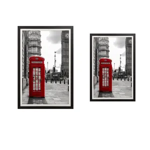 Framed Wall Art London Street Red Telephone Booth Black White Photography Minimalist Home Office Decor Wooden Frame